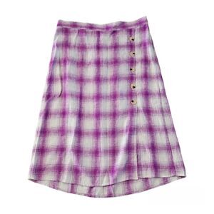 LOFT Pull On Plaid A Line Waistband Midi Dress Linen Blend Purple M NWT